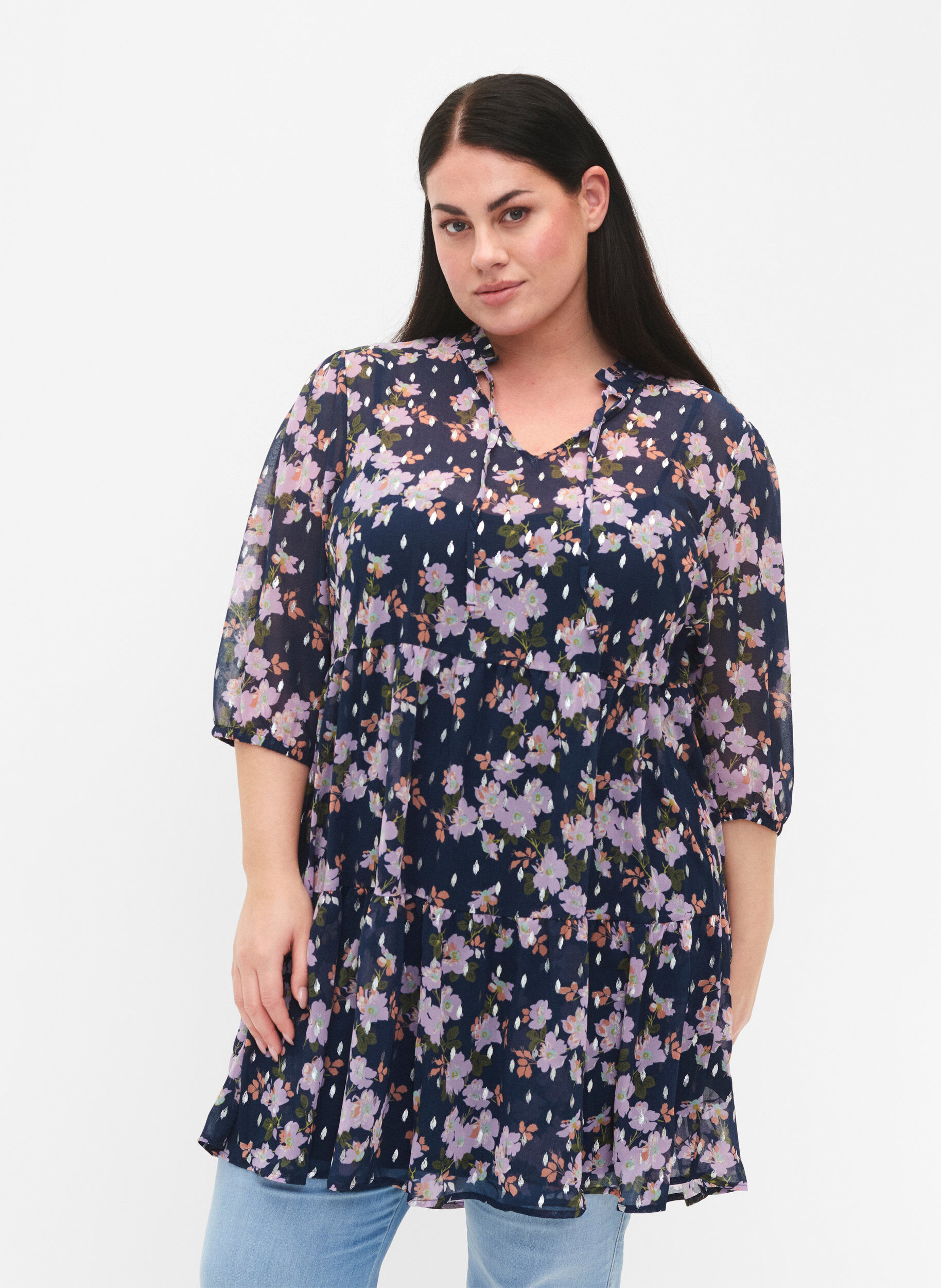 Zizzi Tunika med blomsterprint og lurex, Blue Small Fl. AOP, Model image number 0
