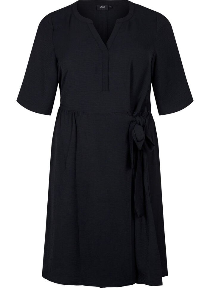 Mellemlang kjole med bindedetalje, Sort, Packshot image number 0