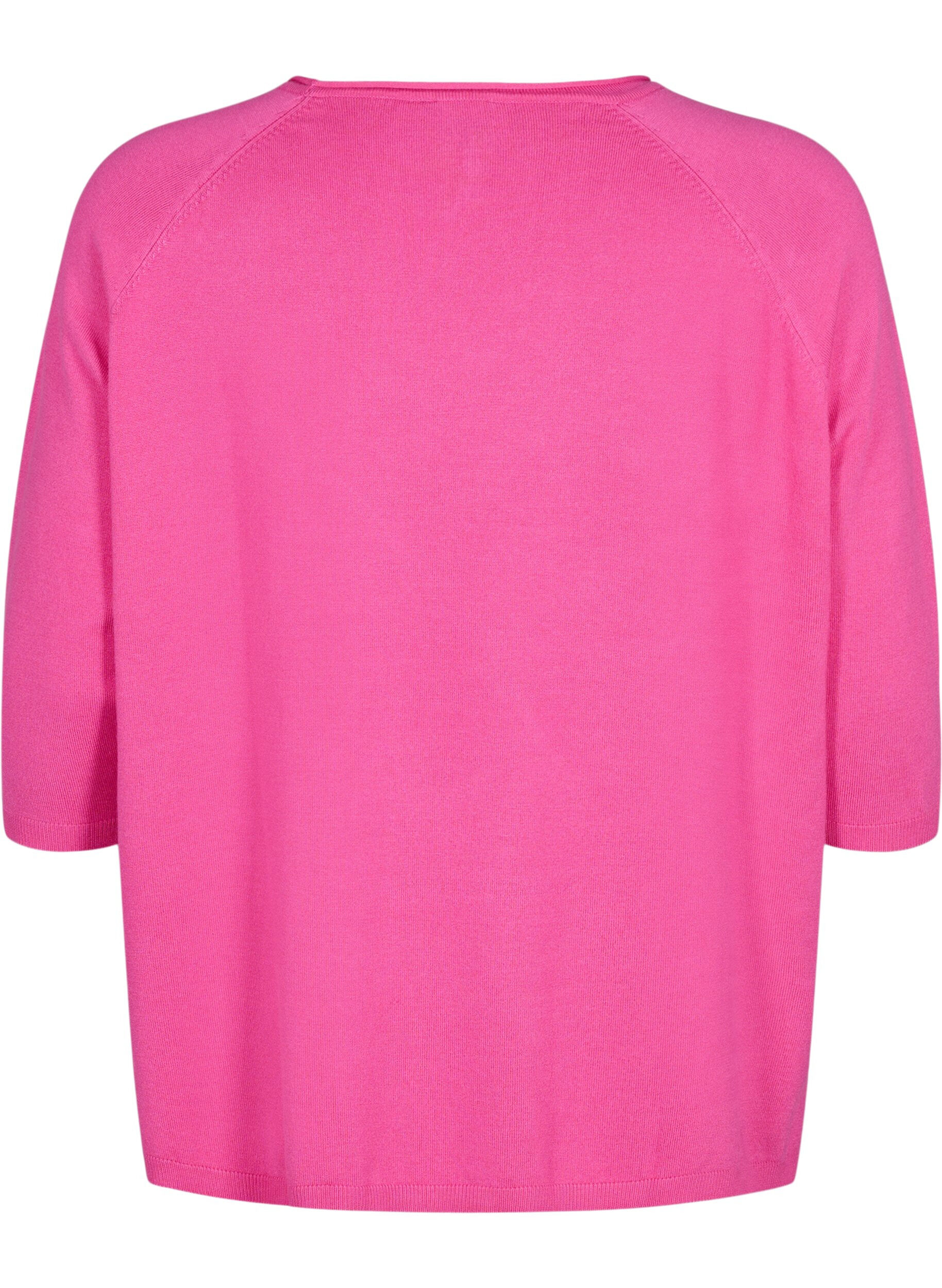 Zizzi Viskose strikbluse med 3/4 &aelig;rmer, Raspberry Rose, Packshot image number 1