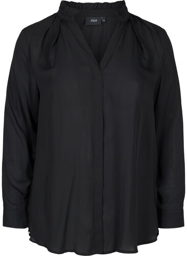 Langærmet skjorte med flæsekrave, Black, Packshot image number 0