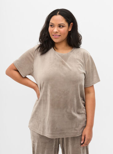 Kortærmet velour t-shirt, Taupe Gray, Model image number 0