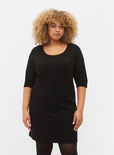 Ensfarvet kjole med 3/4 ærmer og slids, Black, Model image number 0