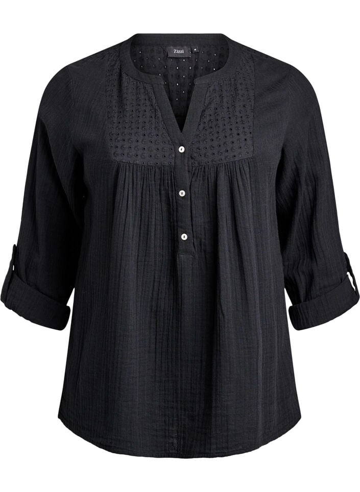Bluse i bomuldsmusselin med broderi anglaise, Sort, Packshot image number 0