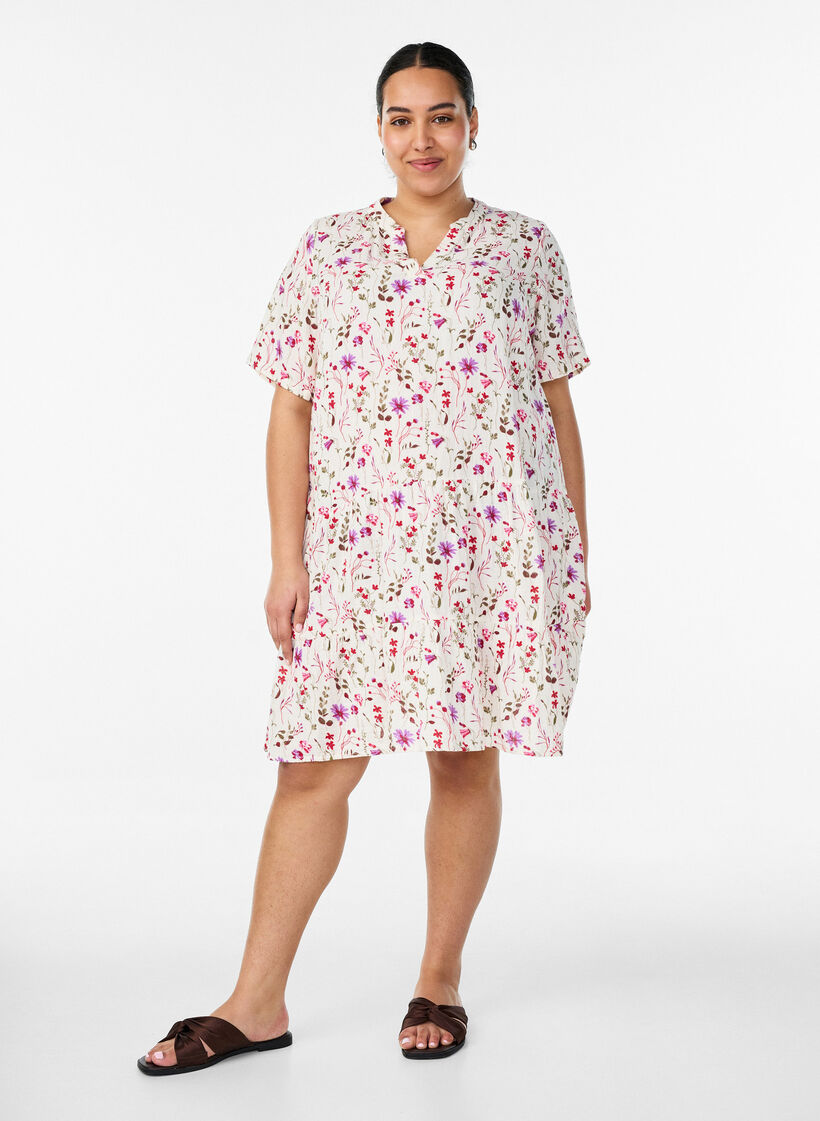 Kort kjole i bomuldsmusselin med A-facon, Beige, Model image number 1