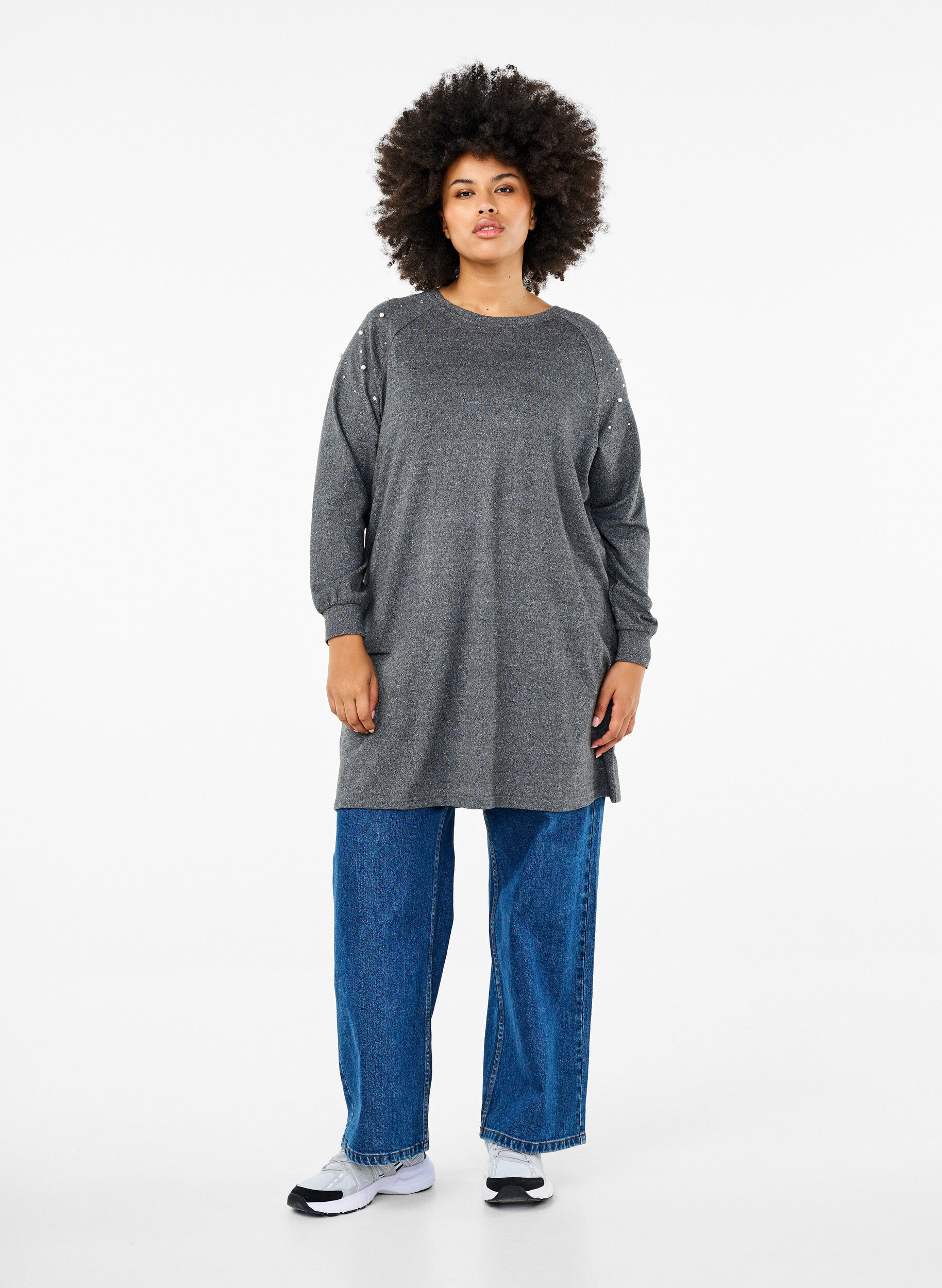 Zizzi Lang&aelig;rmet kjole med perler, Gr&aring;, Model image number 1