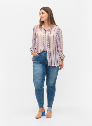 Cropped Amy jeans med lynlås, Blue denim, Model image number 0