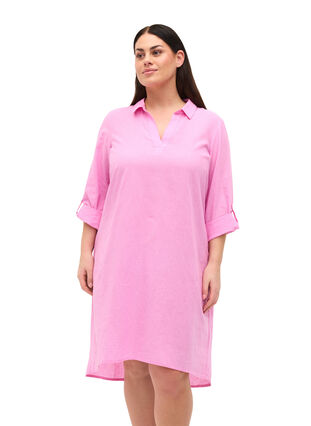 Stribet kjole i bomuld og hør, Begonia Pink, Model image number 0