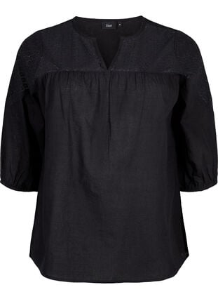 Bluse i bomuldsmix med hør og crochetdetalje, Black, Packshot image number 0