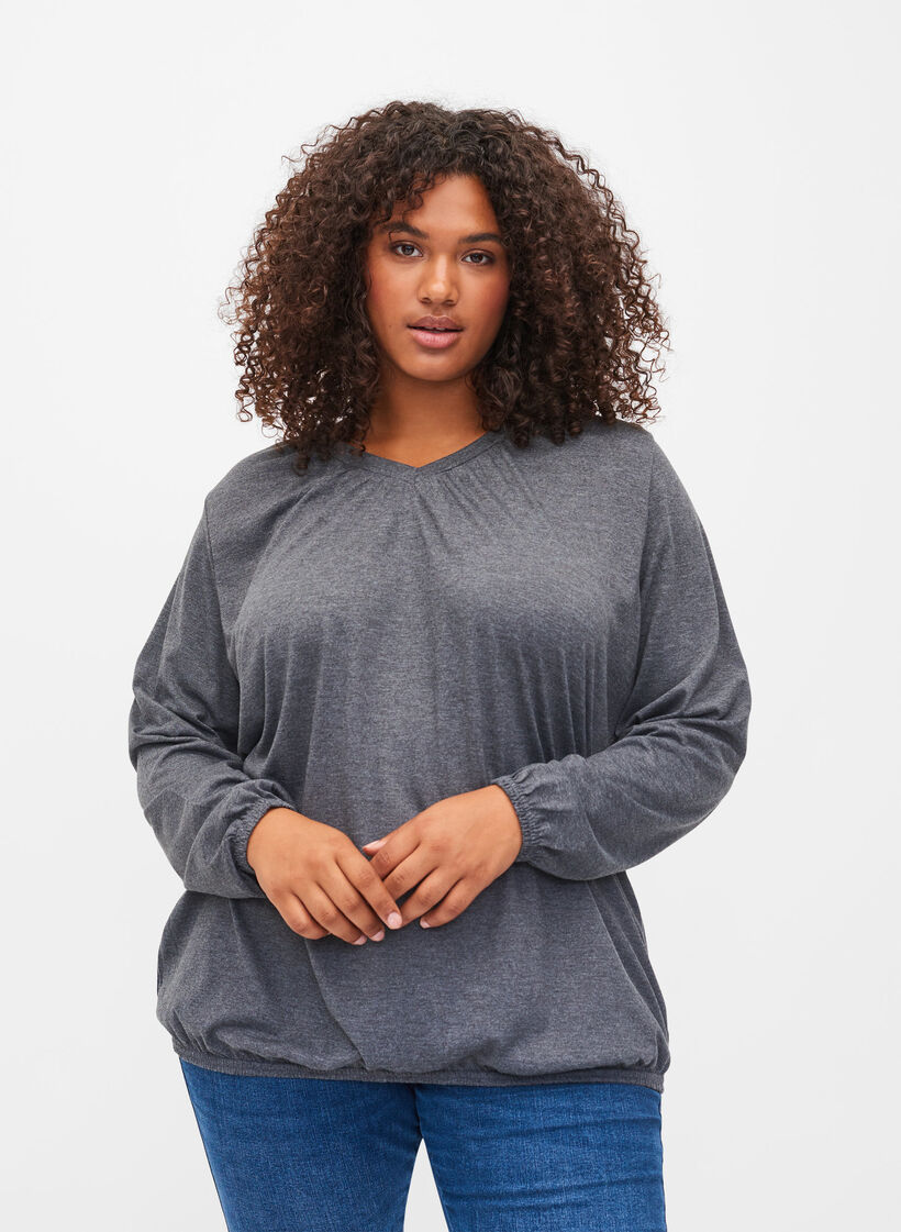 Meleret bluse med lange ærmer og v-hals, Dark Grey Melange, Model image number 0