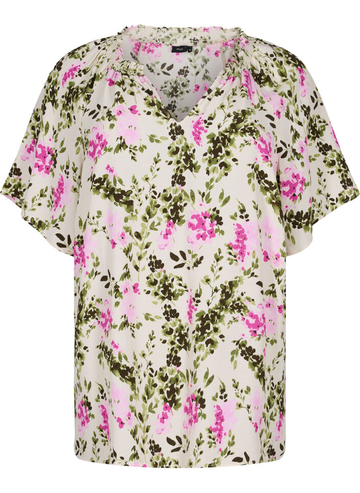 Viskose bluse med korte ærmer, Green Pink AOP, Packshot image number 0