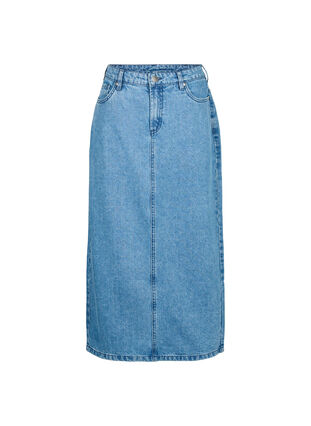 Midilang denim nederdel med slids bagpå, Denim Blue, Packshot image number 0