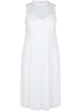 Ærmeløs kjole med blonder og plissé, Star White, Packshot image number 0