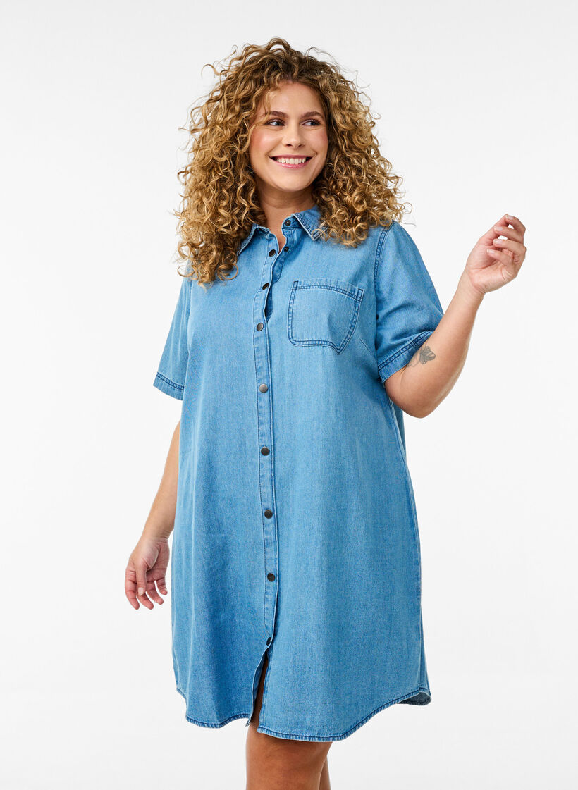Denim skjortekjole med korte &aelig;rmer, Bl&aring;, Model image number 0