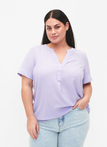 Kortærmet bluse med v-udskæring, Lavender, Model image number 0
