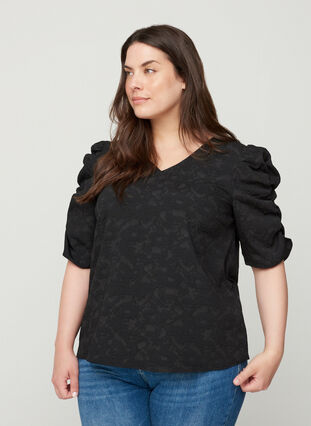 Bluse med struktur og pufærmer, Black, Model image number 0