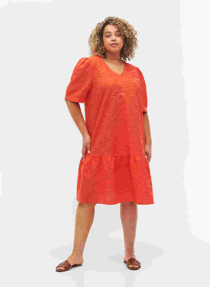 Struktureret kjole med korte pufærmer, Mandarin Red, Model image number 2
