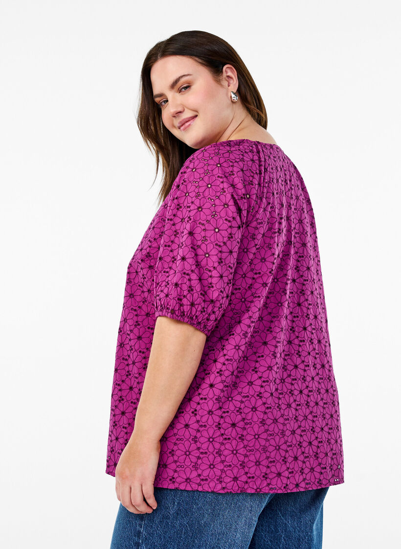 Bluse med broderet blomstermønster, Lilla, Model image number 2