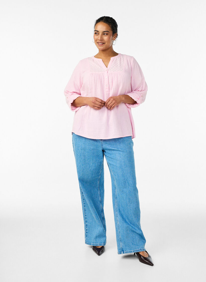 Bluse i bomuldsmusselin med broderi anglaise, Lyser&oslash;d, Model image number 1