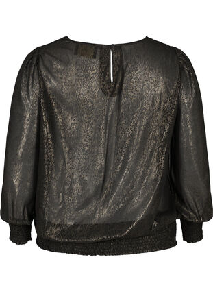 Bluse med pufærmer og smock, Black w. Gold, Packshot image number 1