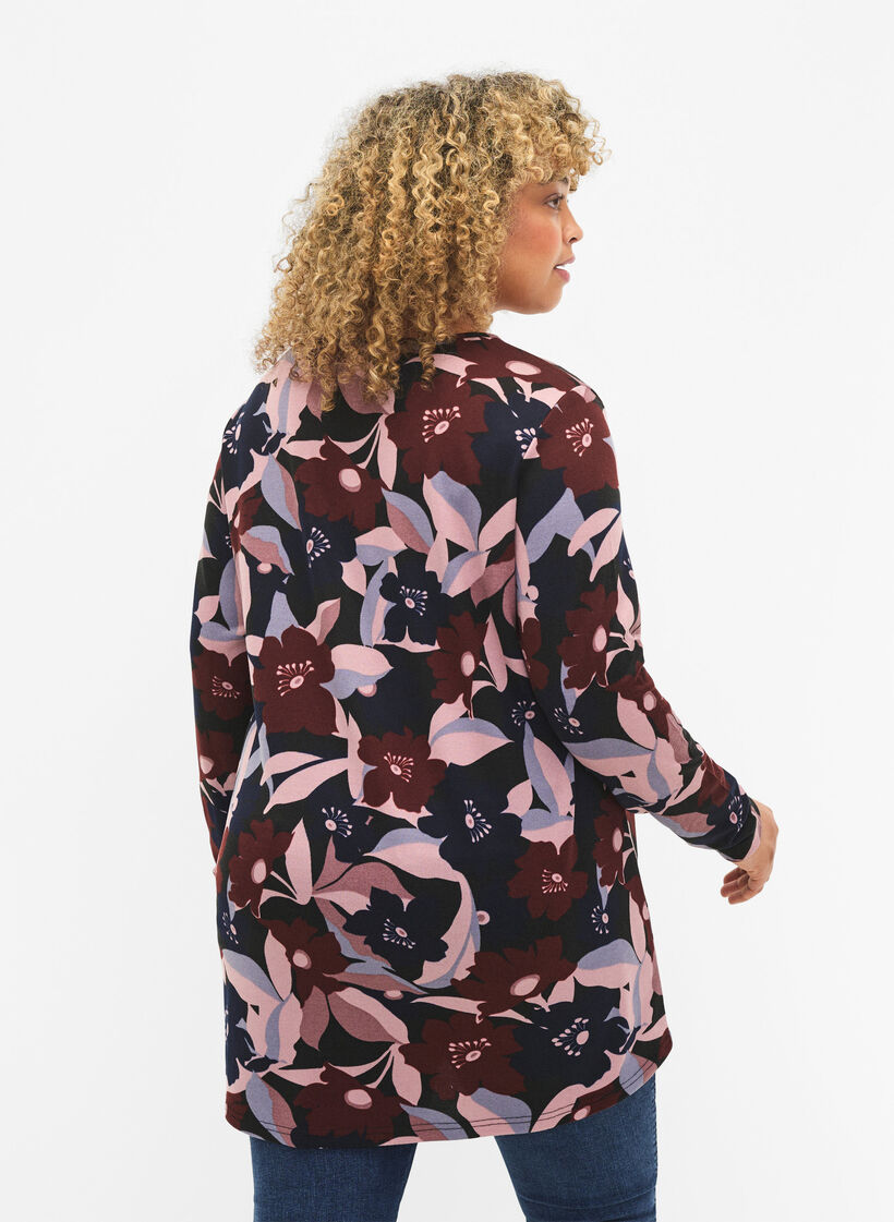 Blomstret bluse med lange ærmer, Black Rose Flower, Model image number 1