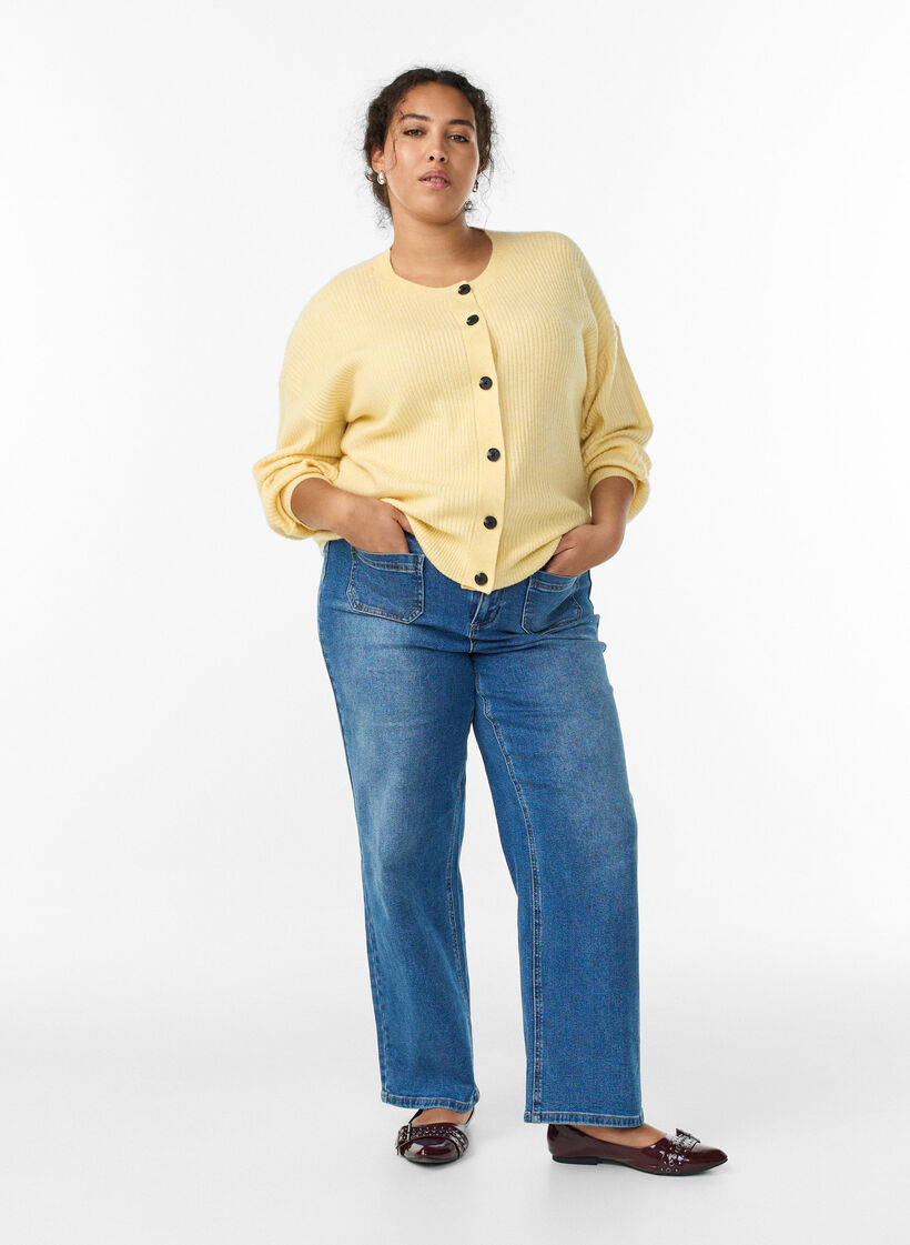 Ribstrikket cardigan med knapper, Gul, Model