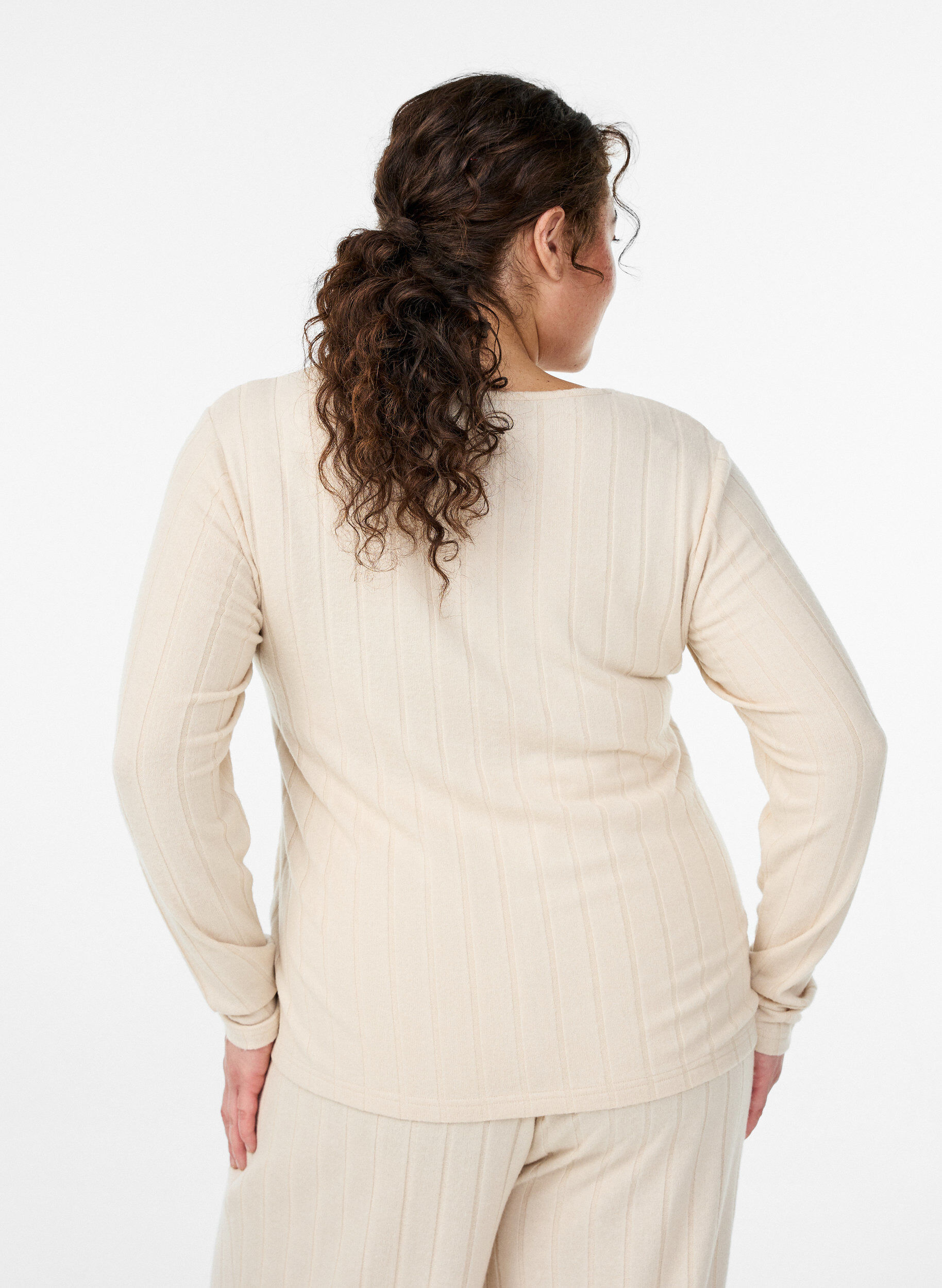 Zizzi Jerseybluse med firkantet hals og ribstruktur, Beige, Model image number 2