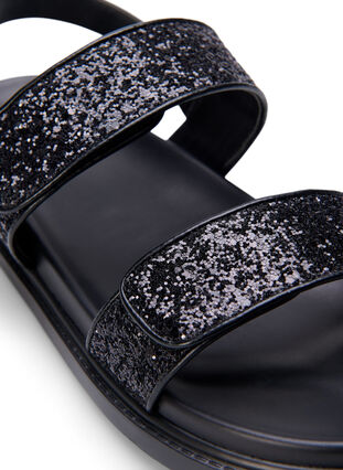 Glitter sandal med velcrolukning og bred pasform, Black Glitter, Packshot image number 3