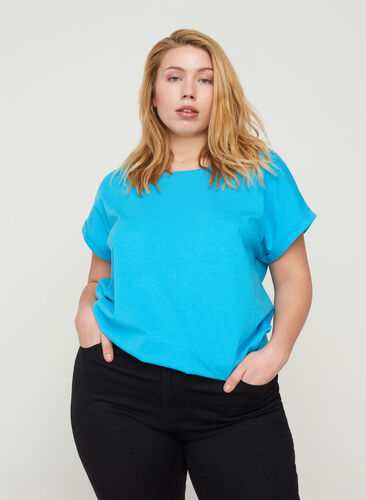 T-shirt i bomuldsmix, RIVER BLUE Mel., Model image number 0