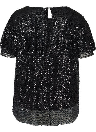 Kortærmet bluse med pailletter, Black, Packshot image number 1