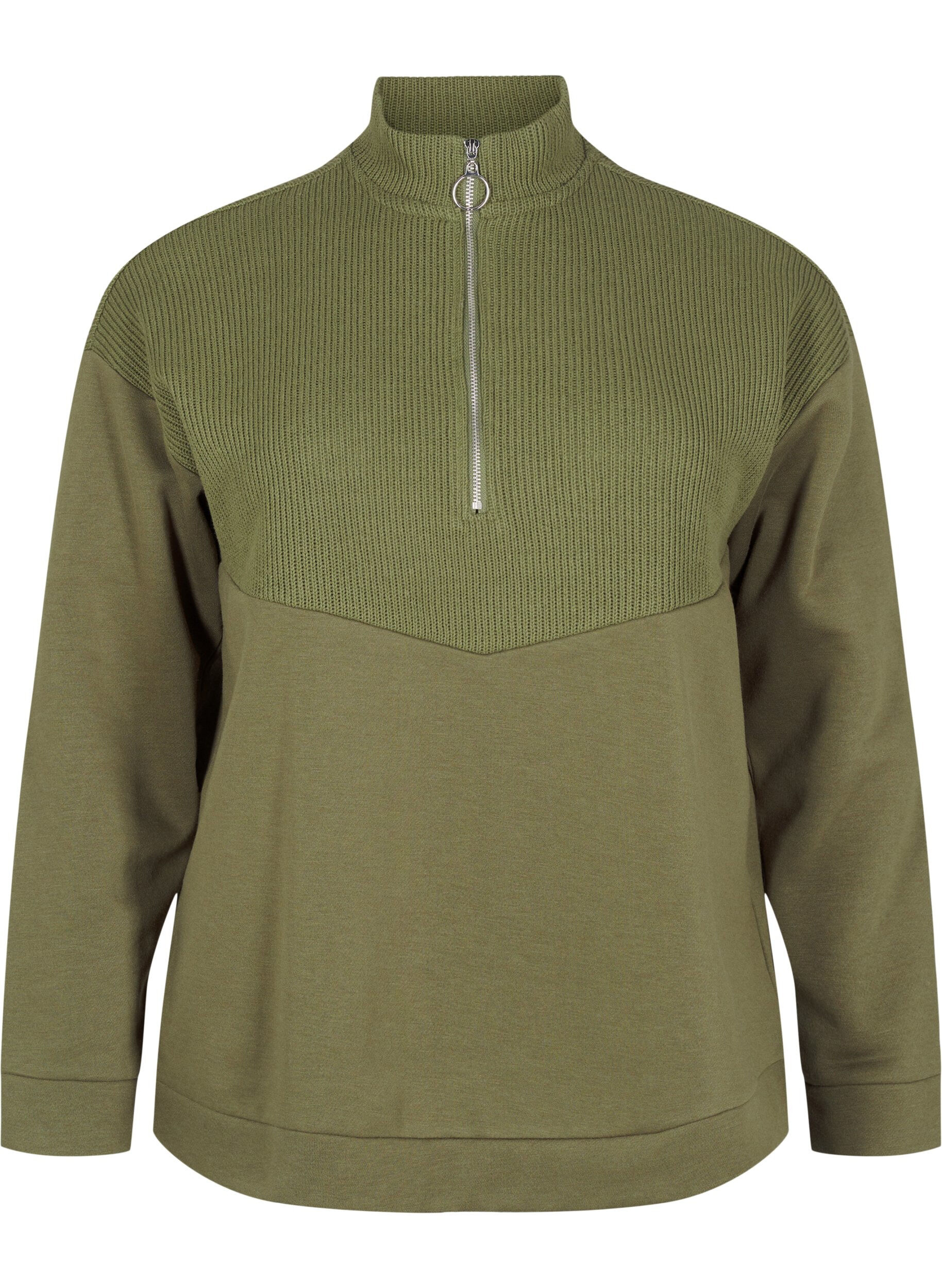 Zizzi Sweatshirt med strik og lynl&aring;s, Winter Moss, Packshot image number 0