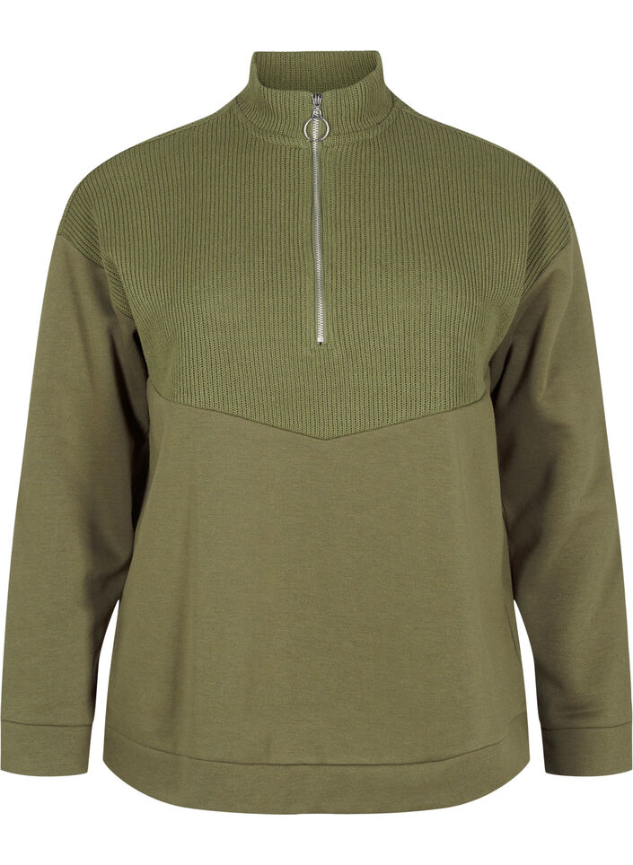 Sweatshirt med strik og lynlås, Winter Moss, Packshot image number 0