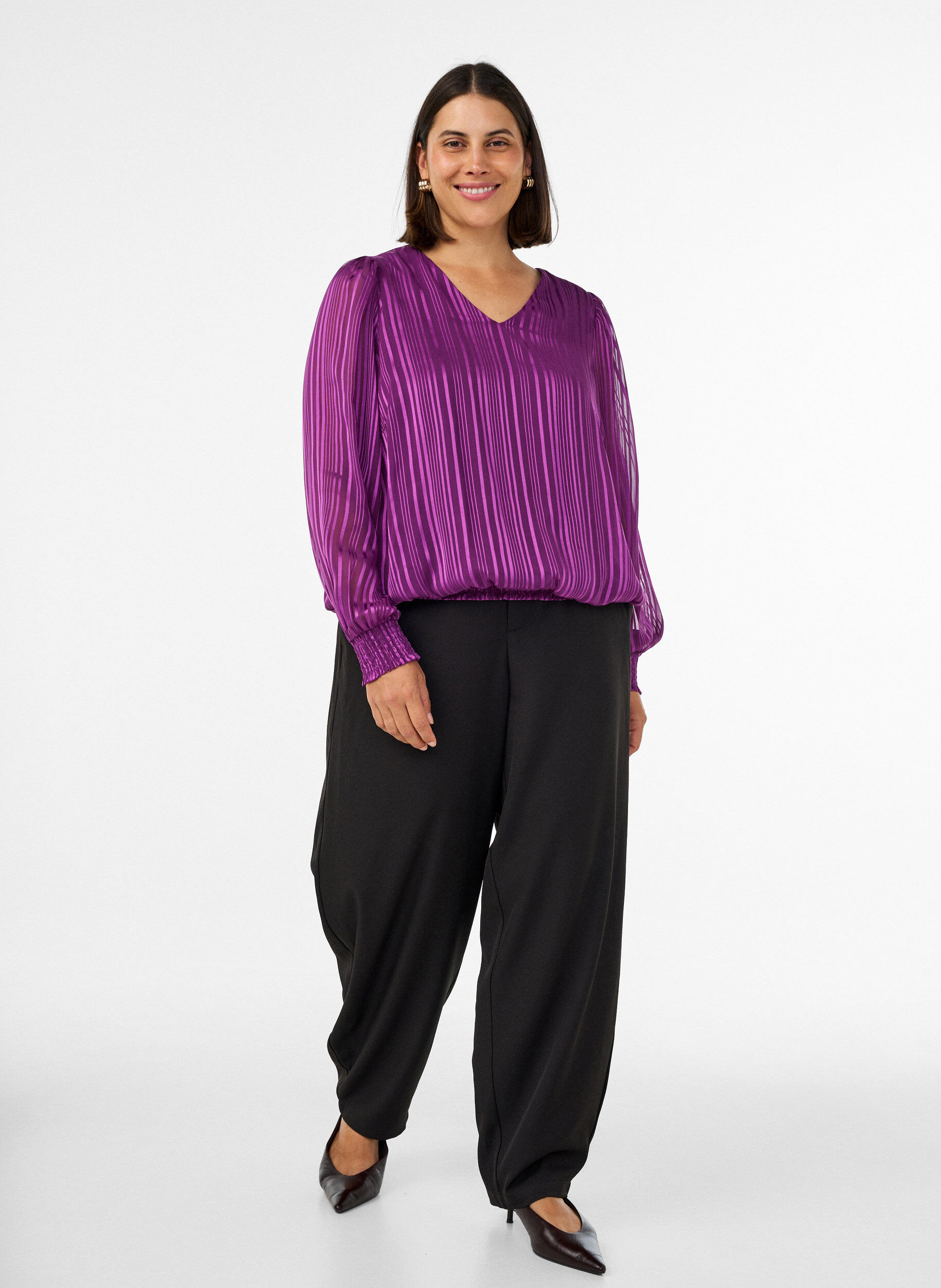 ZizziBluse med stribem&oslash;nster og ballonform, Lilla, Model image number 1