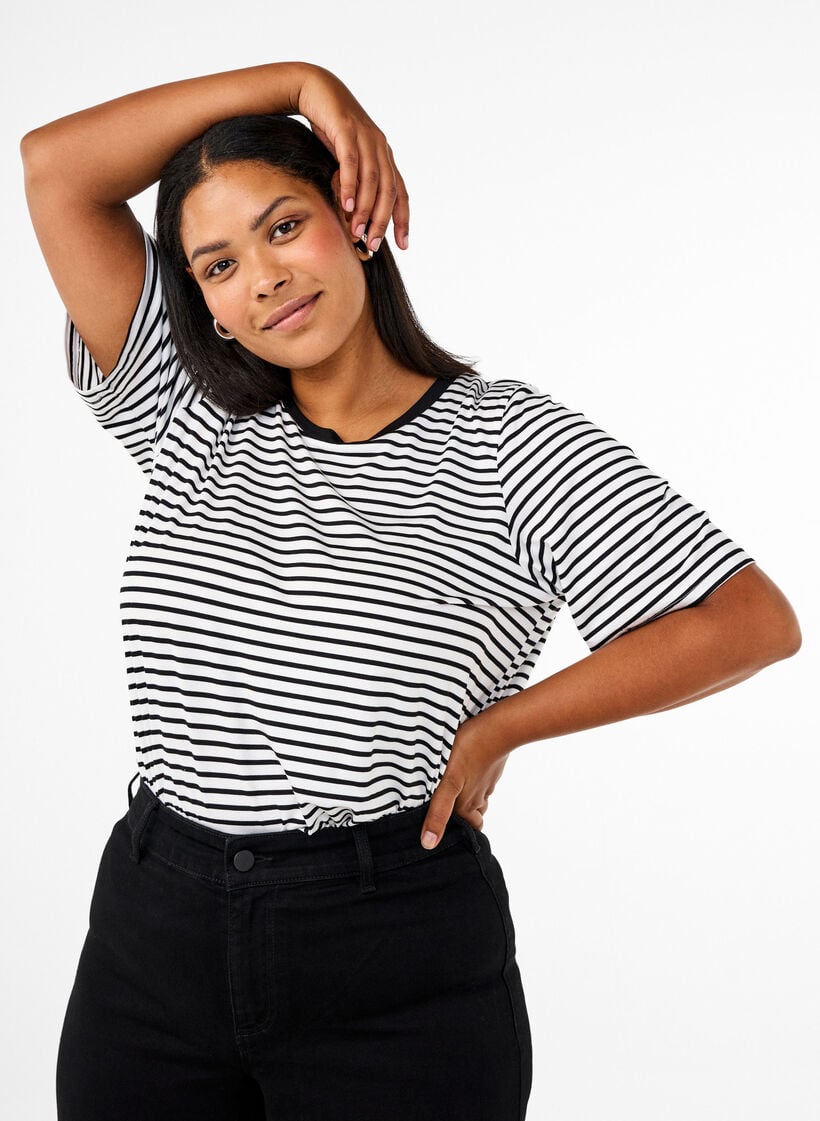 T-shirt med TENCEL&trade; Lyocell og striber, Hvid, Model image number 0
