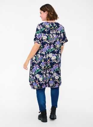 Kortærmet viskose kjole med print, Blue Flower AOP, Model image number 1