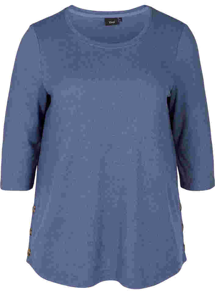 Bluse med 3/4 ærmer og knapper, Crown Blue Melange, Packshot image number 0