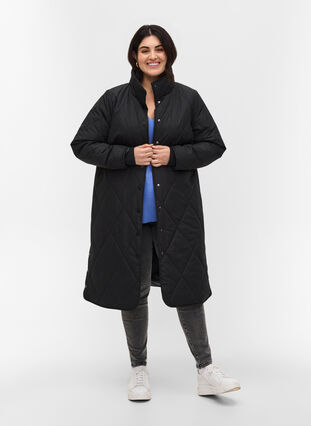 Lang quiltet jakke med høj krave og lommer, Black, Model image number 2