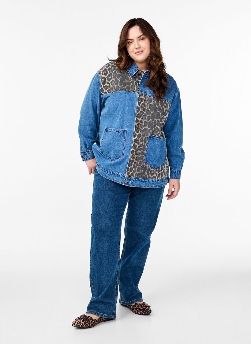 Denimskjorte med leopardprint-detaljer, Blå, Model image number 1