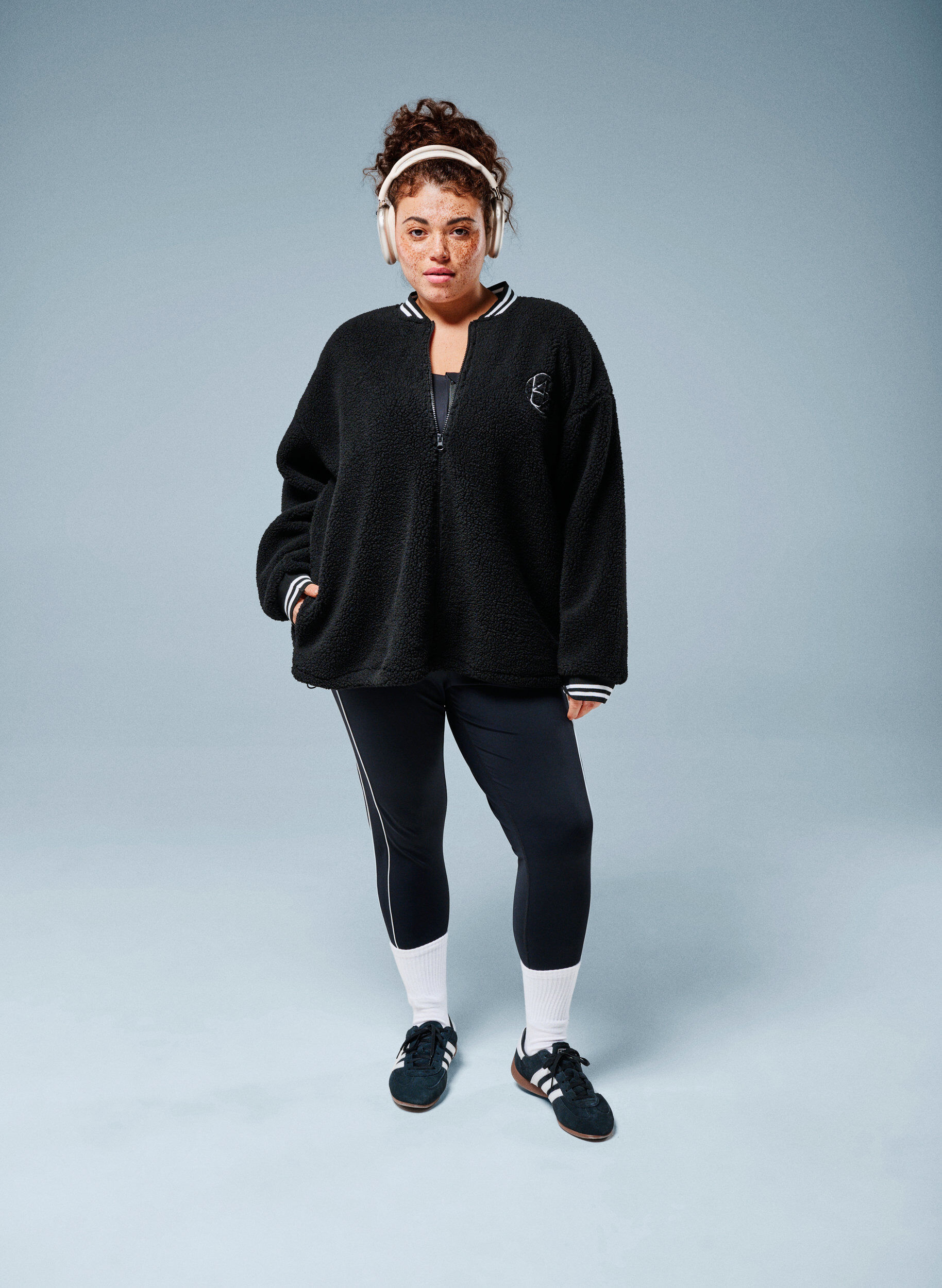 Zizzi Teddy-fleece jakke med stribedetaljer, Sort, Image image number 0