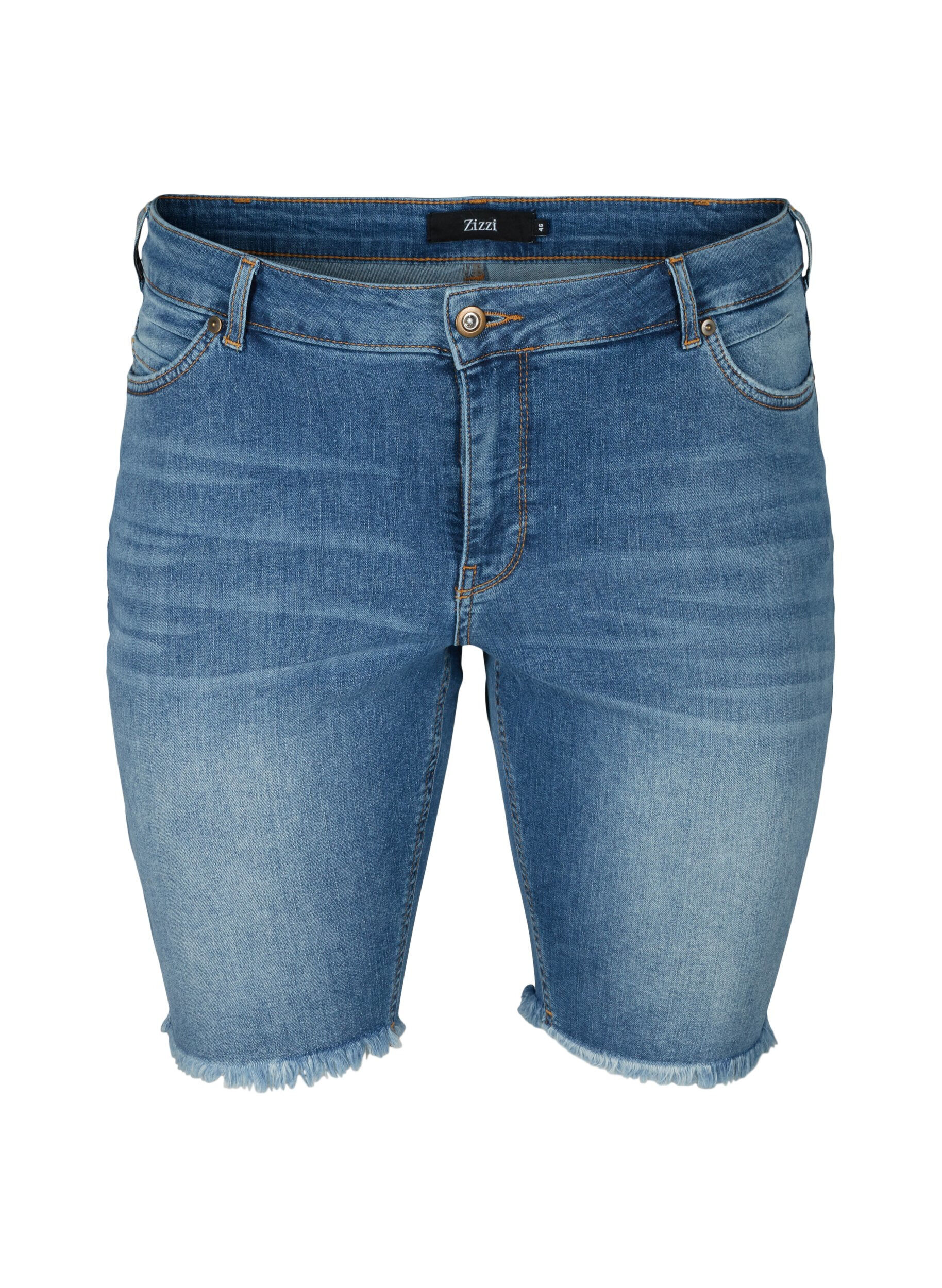 Zizzi H&oslash;jtaljede denimshorts med r&aring; kanter, Dark blue denim, Packshot image number 0