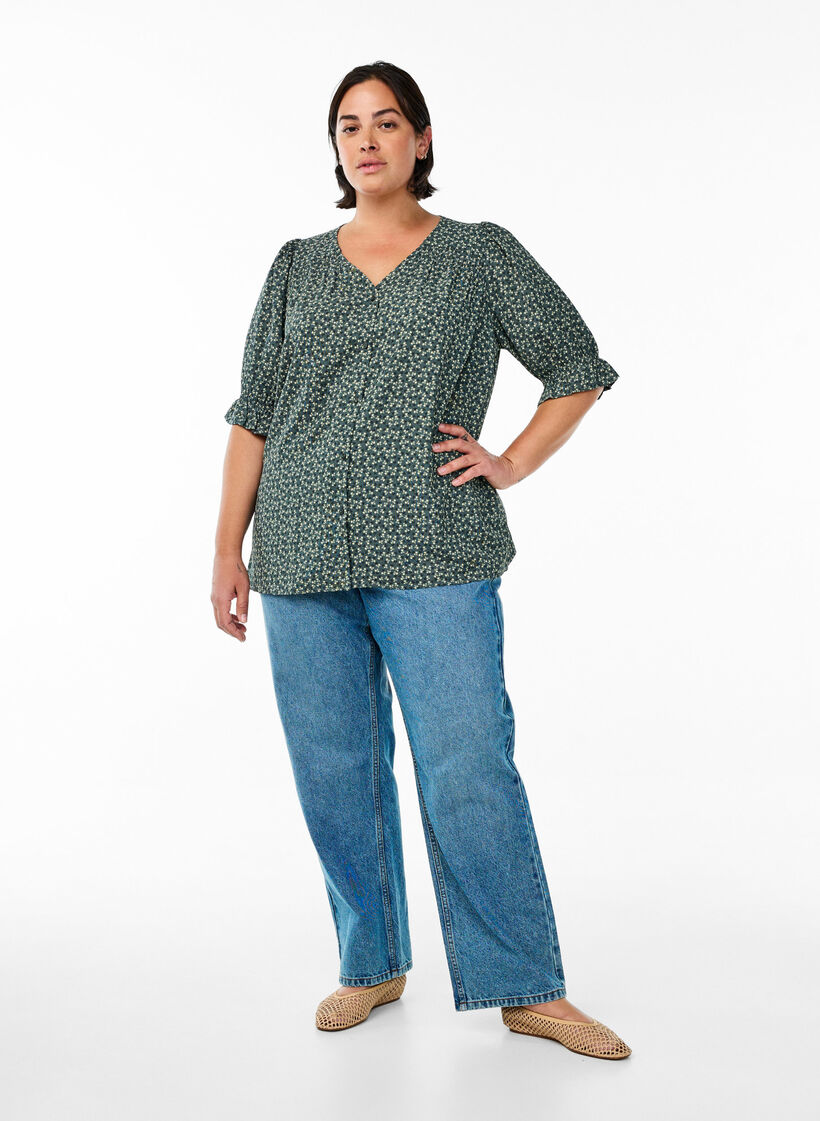 Skjortebluse med 1/2 &aelig;rmer, Gr&oslash;n, Model image number 1