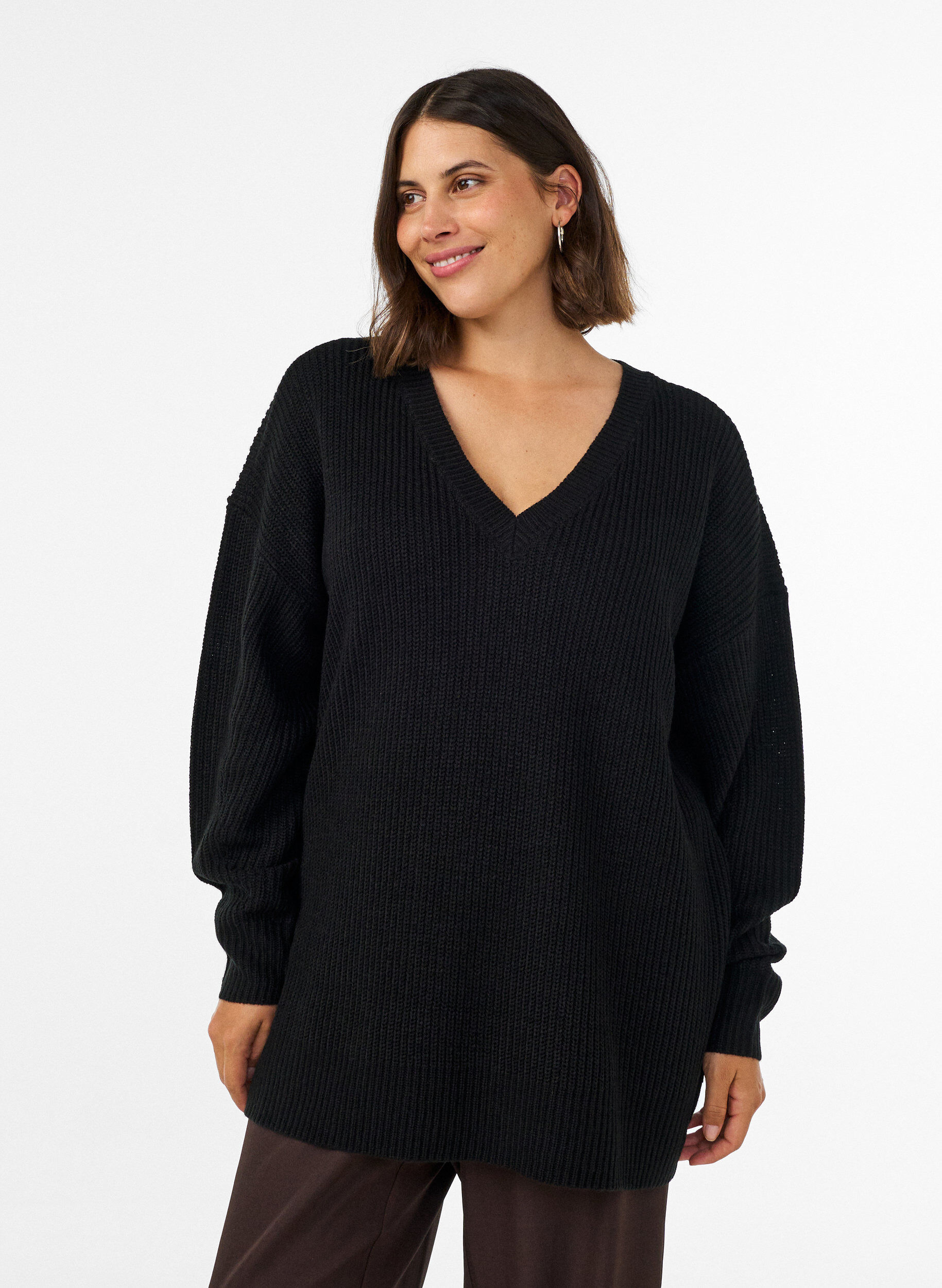ZizziLang ribstrikket bluse med V-hals, Sort, Model image number 0