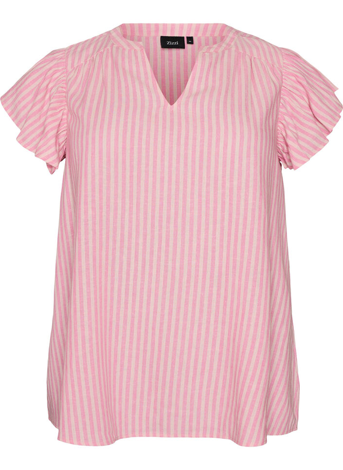 Bluse i h&oslash;r og viskose med fl&aelig;se&aelig;rmer, Lyser&oslash;d, Packshot image number 0