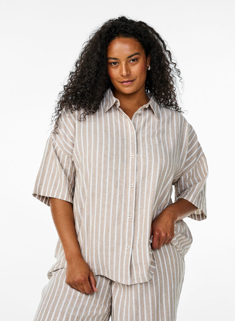 Stribet skjorte i hør og viskose, Beige, Model image number 0