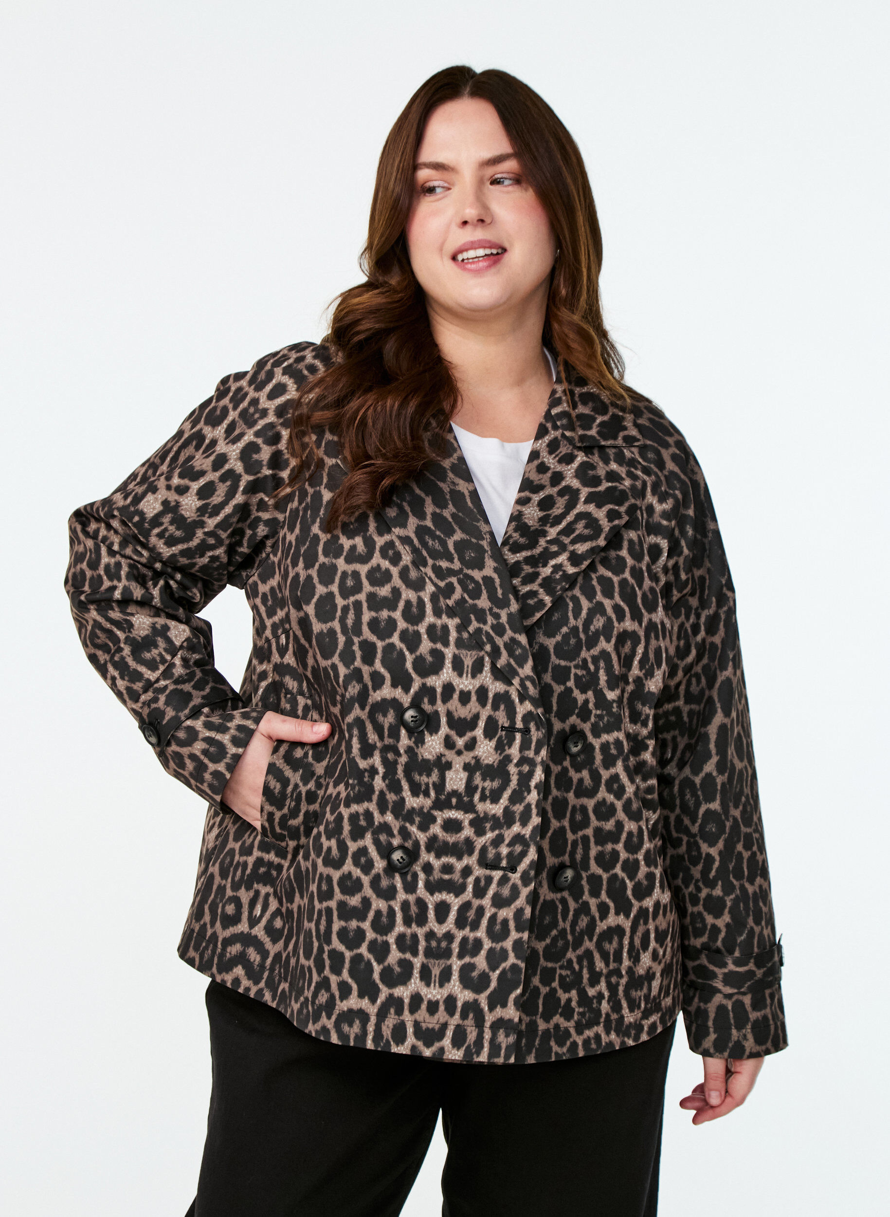 Dobbeltradet blazerjakke med leopardprint, Brun, Model
