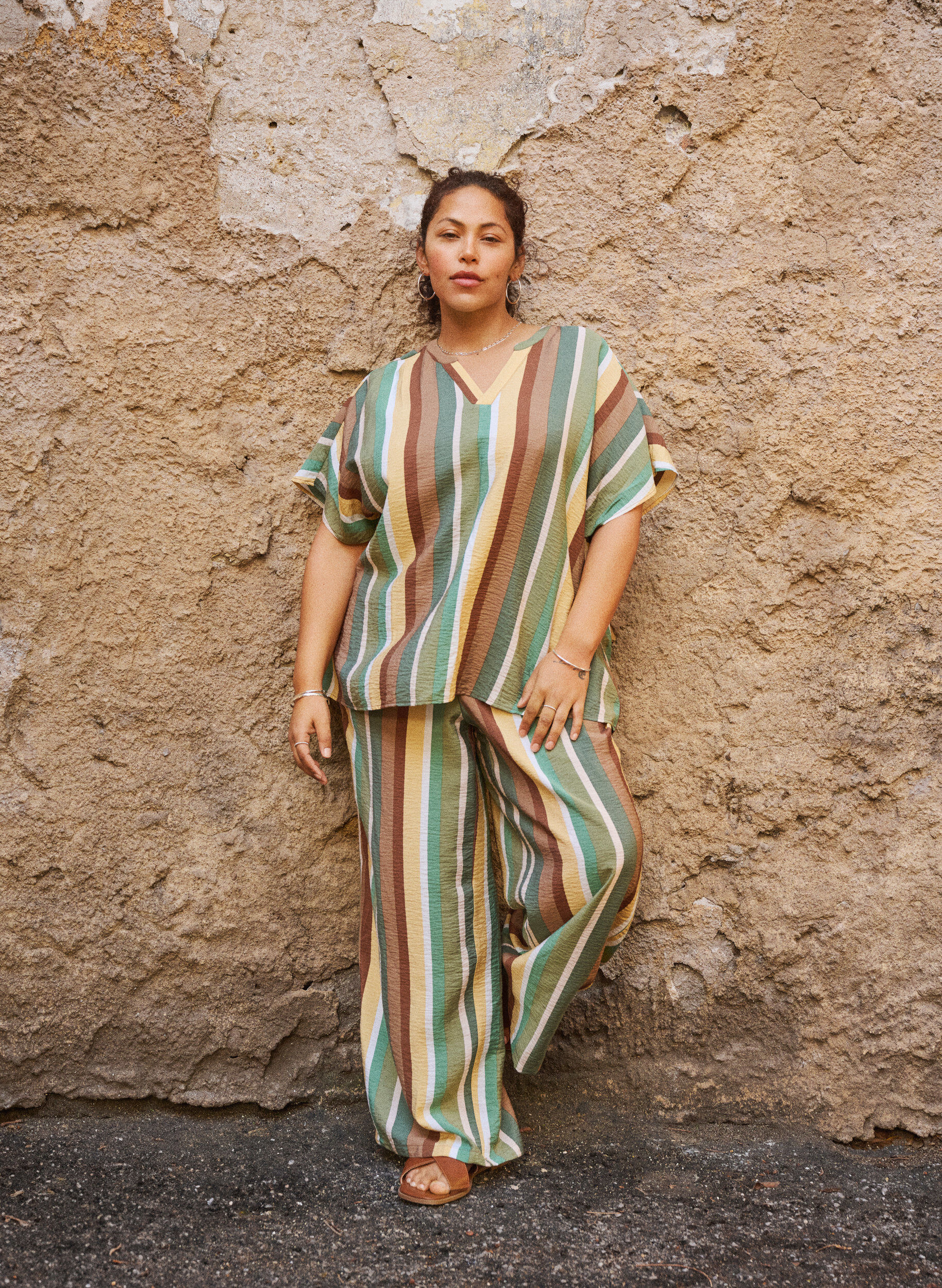 Zizzi L&oslash;se viskosebukser med striber, Brun, Image image number 0