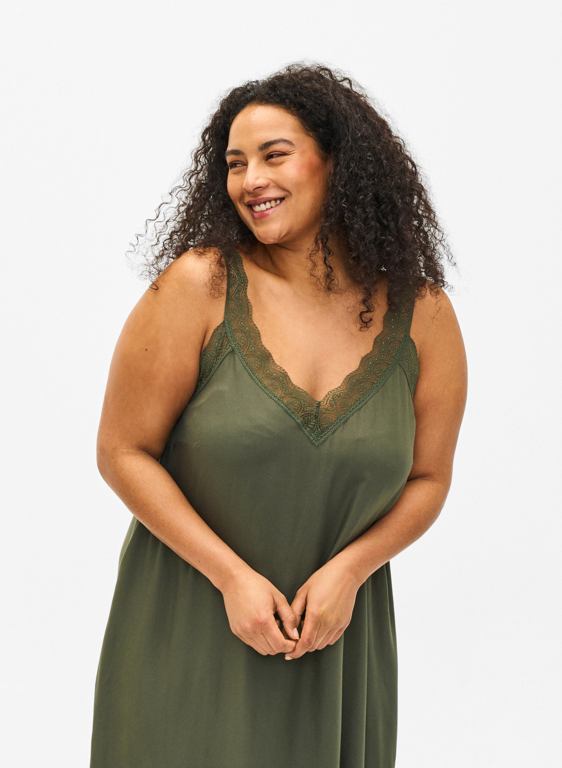 Zizzi Midilang stropkjole i viskose med blonder, Thyme, Model image number 2