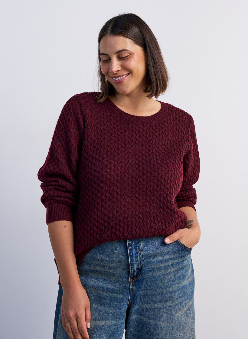 Strikbluse med struktureret hulm&oslash;nster, R&oslash;d, Model image number 0