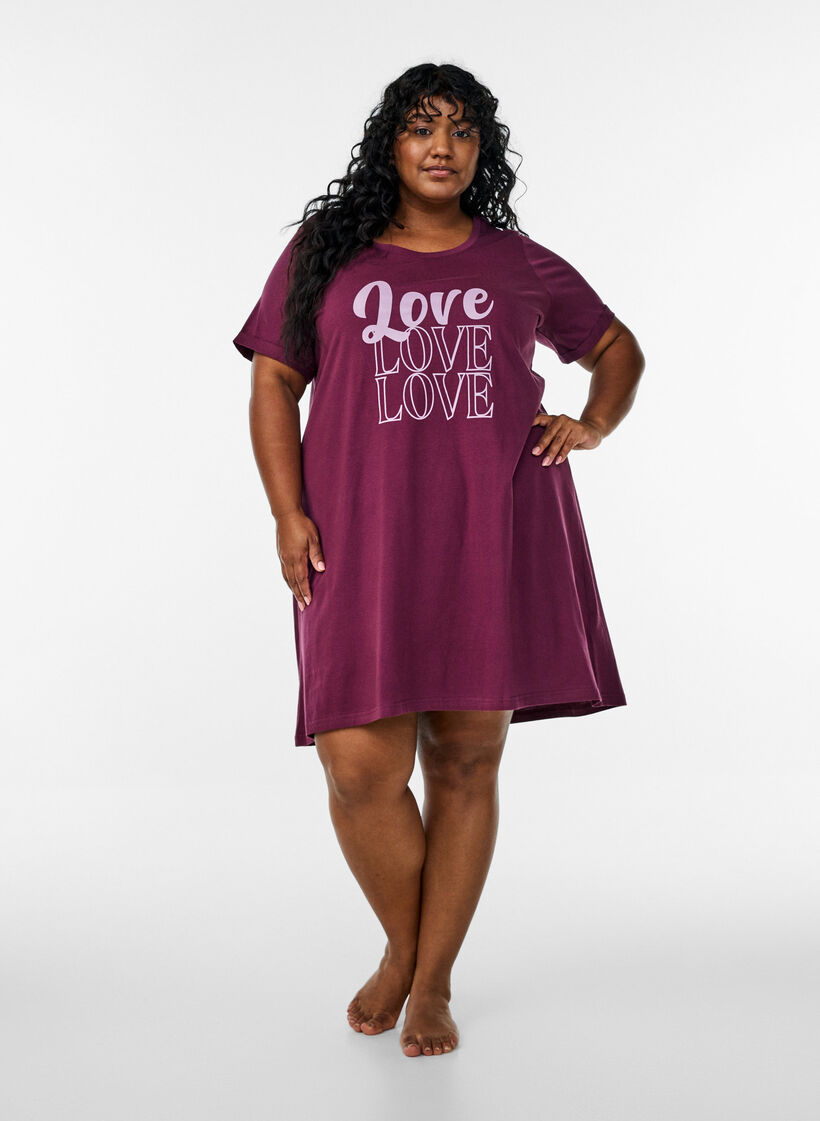 Kort&aelig;rmet natkjole i &oslash;kologisk bomuld, M&oslash;rk Bordeaux, Model image number 1