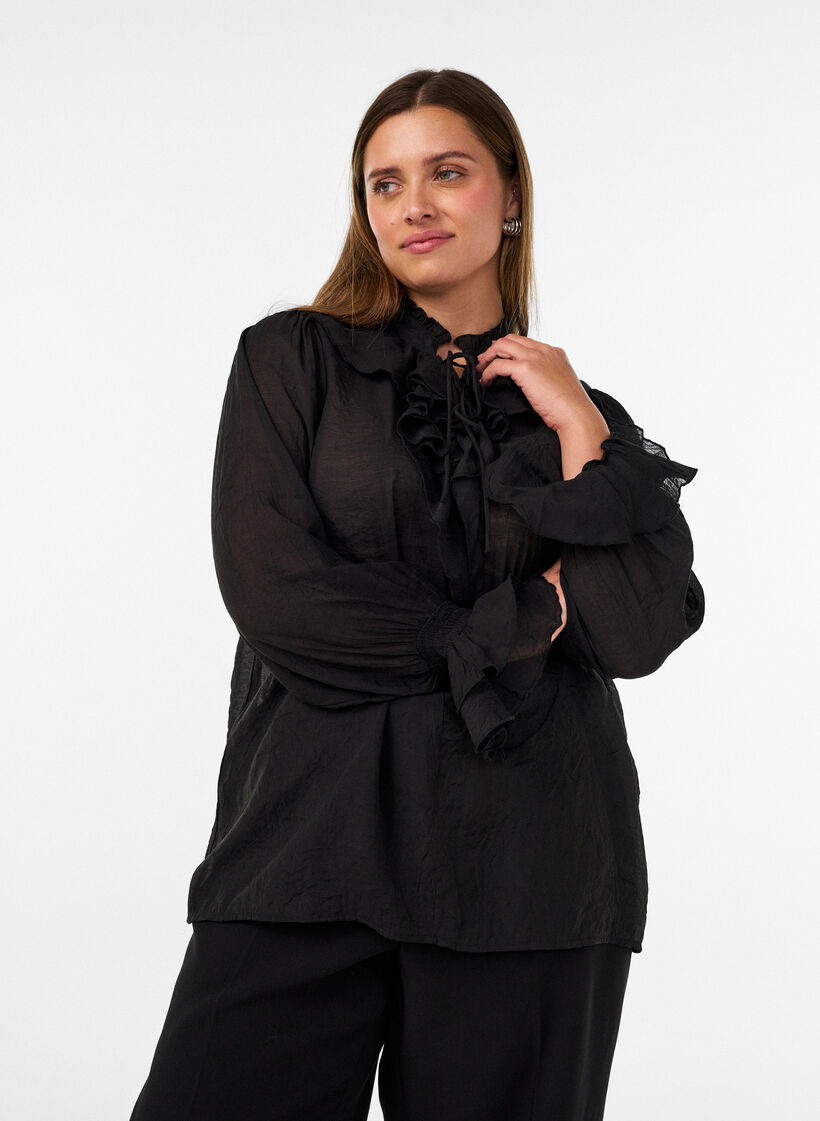 Bluse i viskose med fl&aelig;ser og lange &aelig;rmer, Sort, Model image number 0