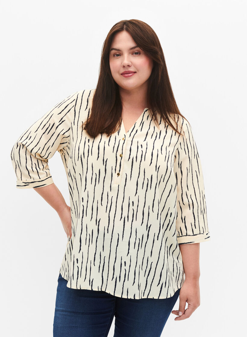 Bluse med 3/4 ærmer og print, Off White Stripe, Model image number 0